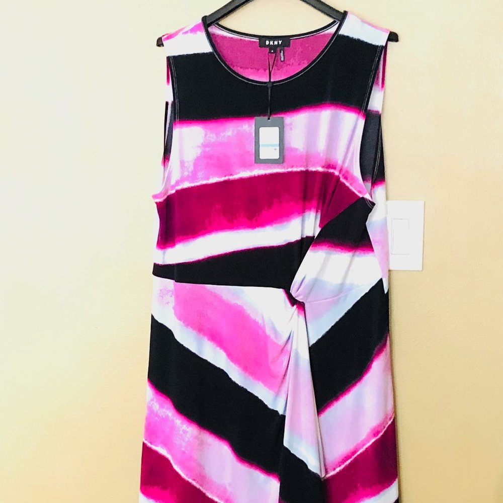 NWT DKNY Striped A-Line Dress Crew Neck Sleeveless Women Purple White size XL - Picture 4 of 12